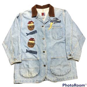 Vintage M Denim Jean Chore Coat L Noahs Ark Granny Core Country Woman Zoo Animal